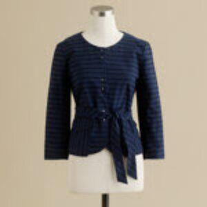 EUC J.Crew Elsa Stripe Tie Waist Collarless Jacket Navy Size 0